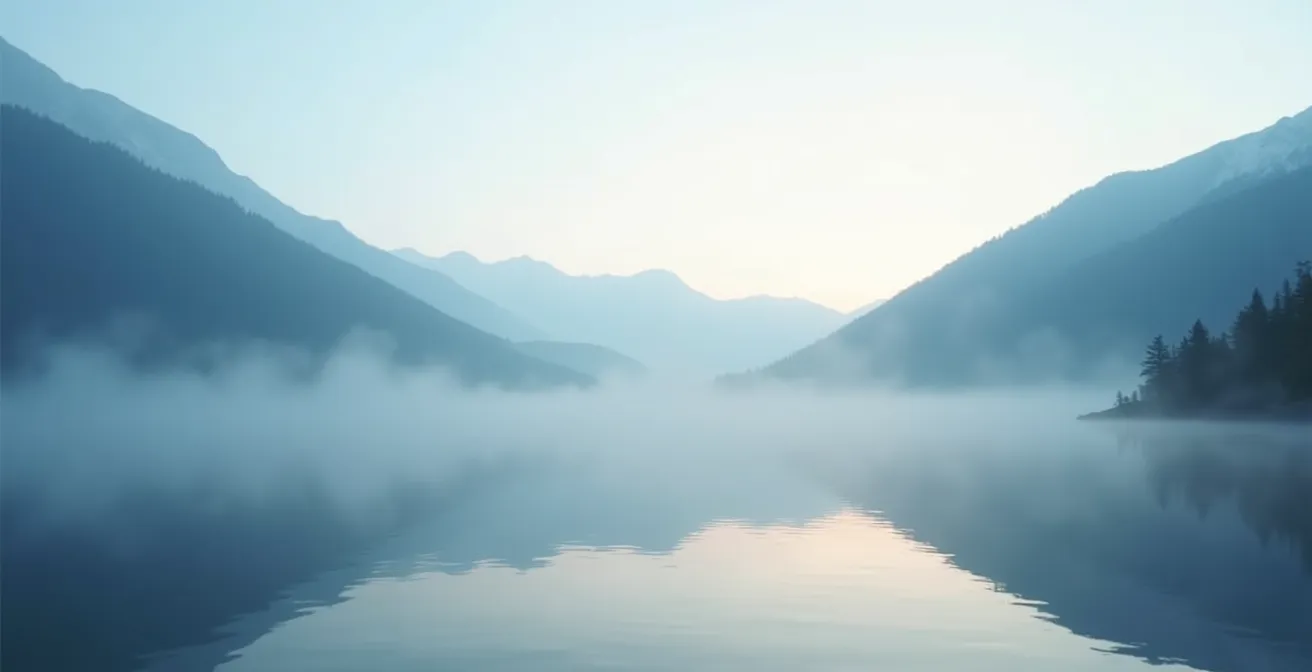 Brume matinale sur le lac avec reflets des montagnes
