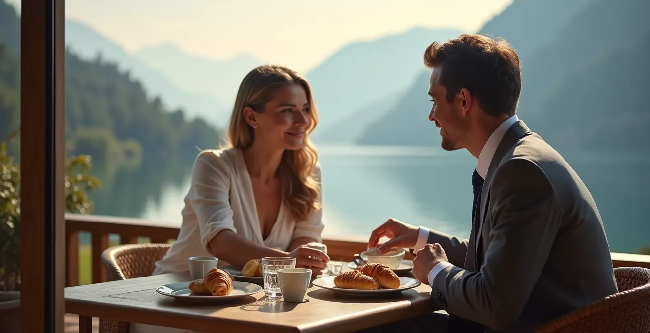 Couple prenant le petit-déjeuner sur une terrasse d'hôtel à Talloires avec vue sur le lac