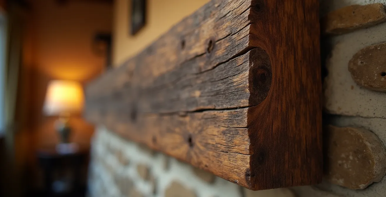 Détail architectural d'un hôtel savoyard avec poutres en bois et murs de pierre