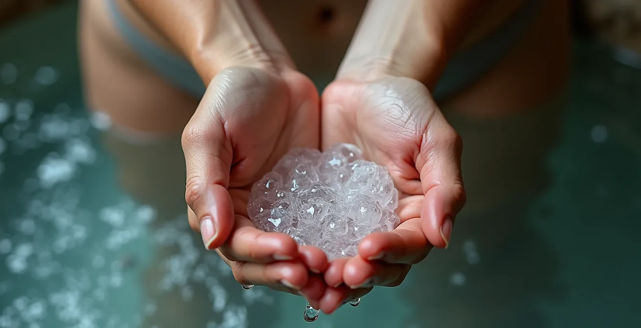 Mains en coupe recueillant de l'eau thermale pure