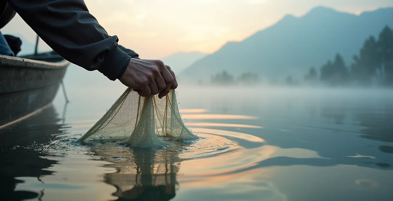 Pêcheur artisanal relevant ses filets sur le lac d'Annecy à l'aube