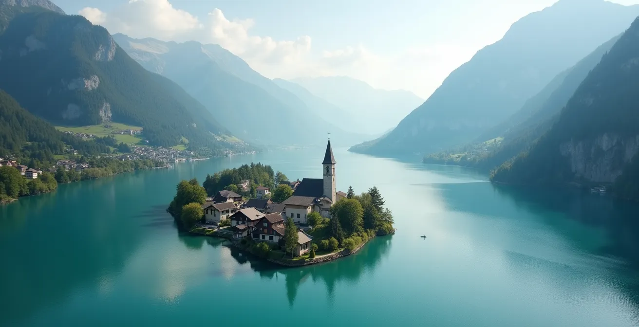 Vue aérienne du village de Talloires niché dans sa baie au bord du lac d'Annecy