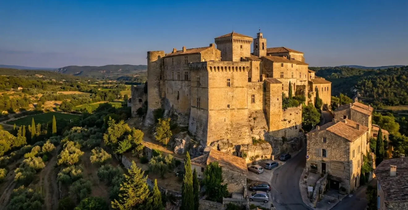 Le château de Gordes perché sur sa colline au coucher du soleil, dominant la vallée du Calavon en Provence avec ses remparts de pierre calcaire dorée