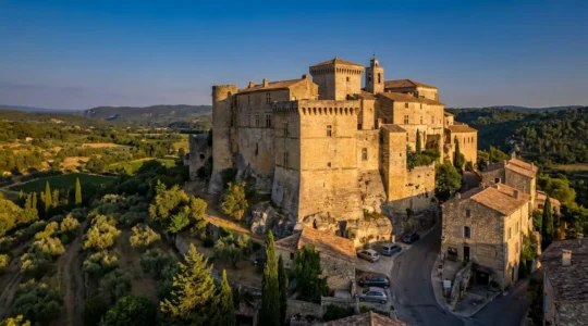Le château de Gordes perché sur sa colline au coucher du soleil, dominant la vallée du Calavon en Provence avec ses remparts de pierre calcaire dorée