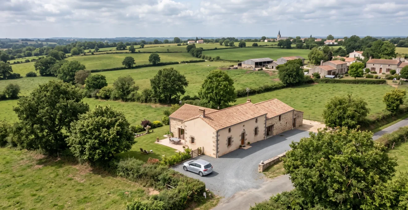 Vue d'ensemble d'un gîte vendéen intégré dans le paysage rural du bocage avec voiture familiale