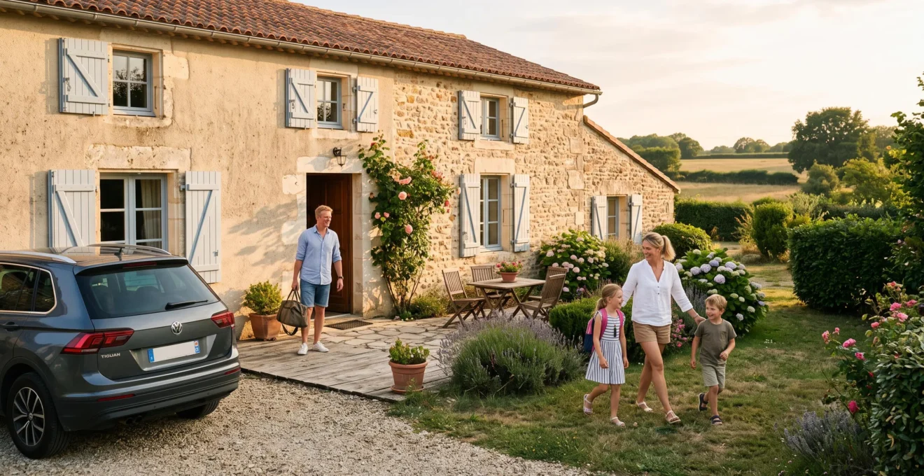 Famille avec enfants arrivant devant un gîte vendéen traditionnel en pierre avec terrasse dans la campagne