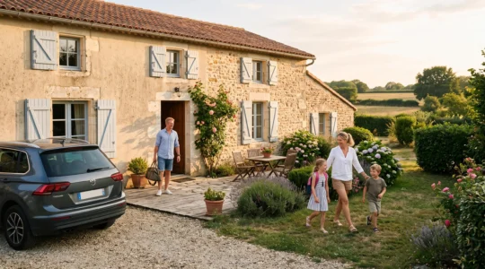 Famille avec enfants arrivant devant un gîte vendéen traditionnel en pierre avec terrasse dans la campagne