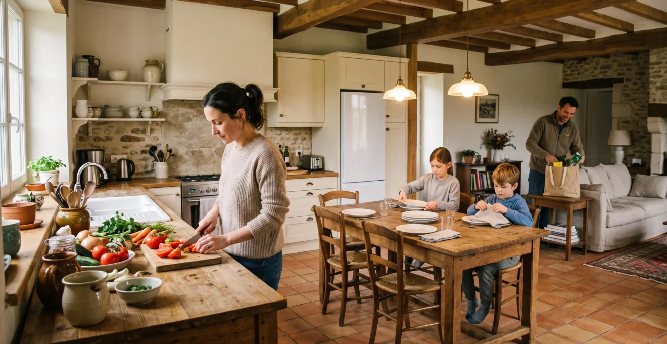 Famille préparant un repas dans la cuisine équipée spacieuse d'un gîte avec espace salle à manger