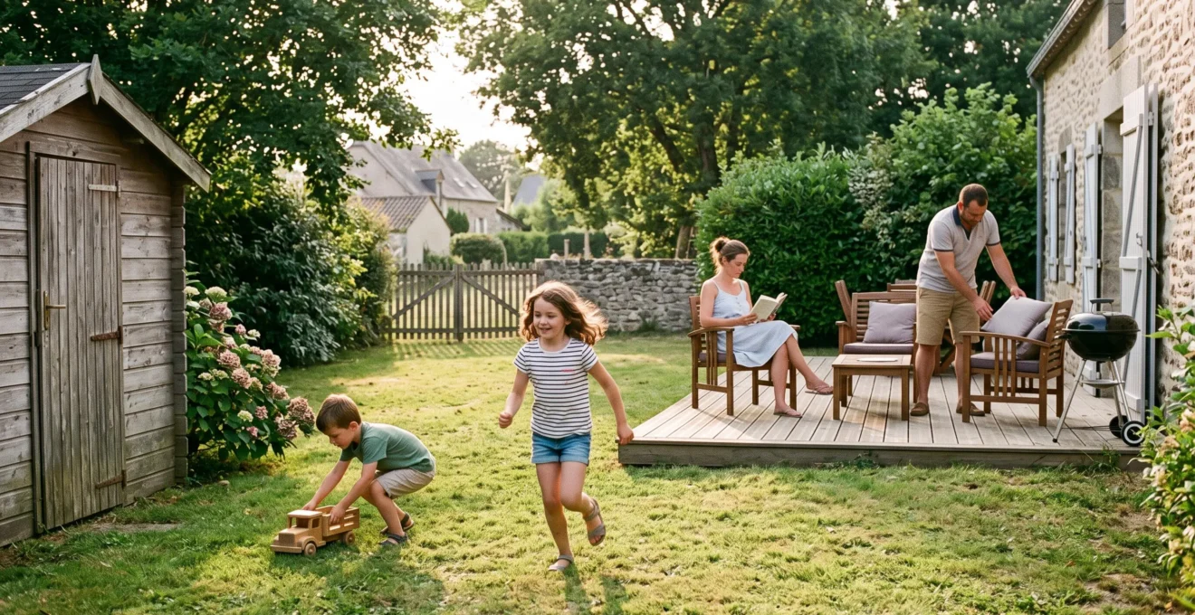 Enfants jouant dans le jardin privé d'un gîte pendant que les parents se détendent sur la terrasse